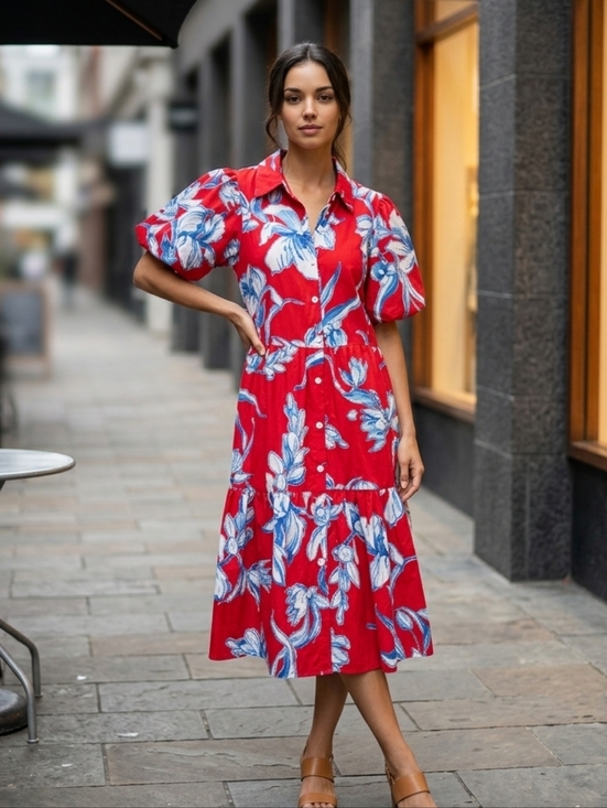 Karen Kane Dresses & Skirts - Karen Kane Red Floral Button-Front Puff Sleeve Tiered Midi Dress Women's Sz Med